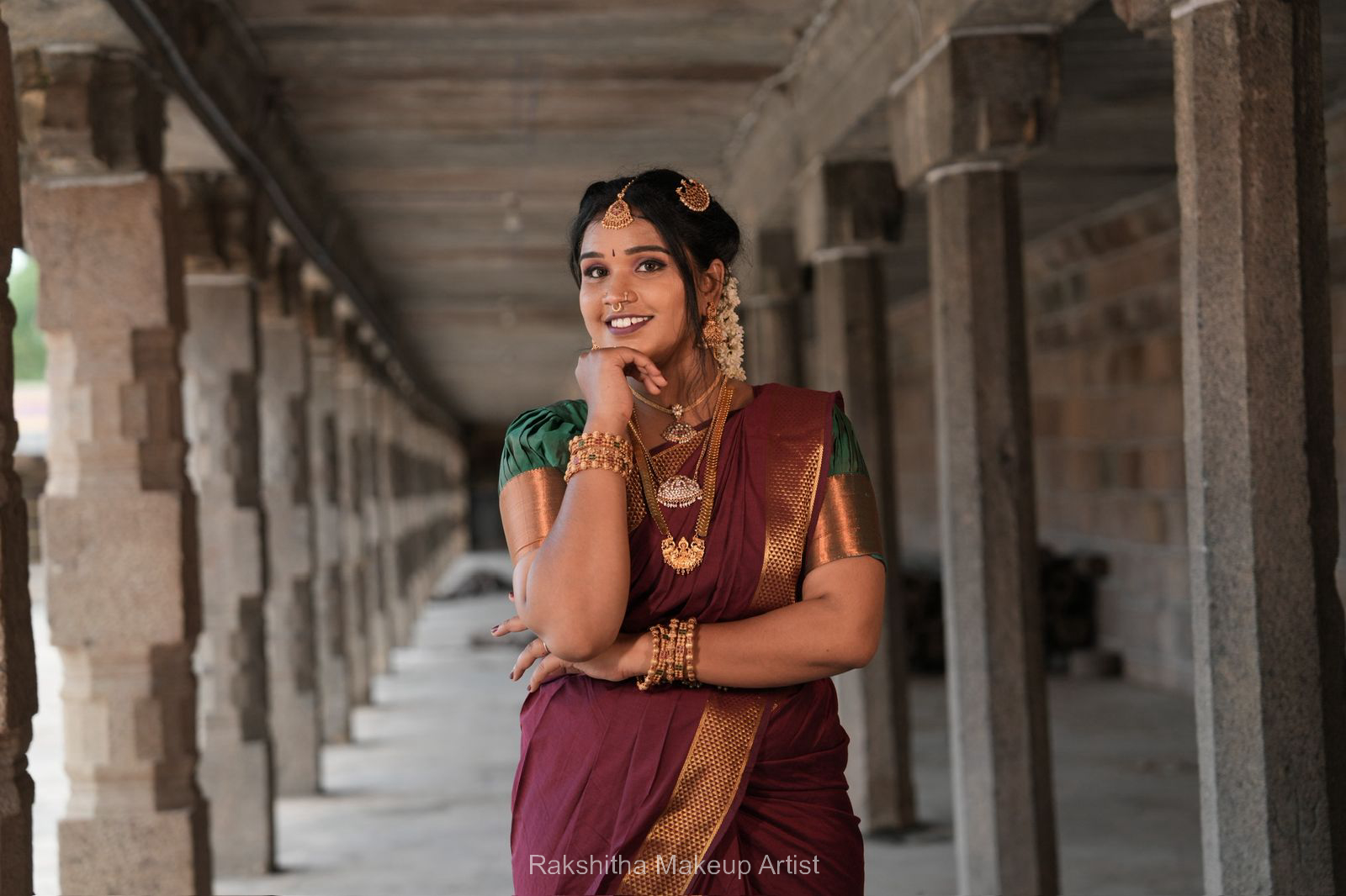 Bridal makeup by Rakshitha Makeup Artist at a temple mandapam